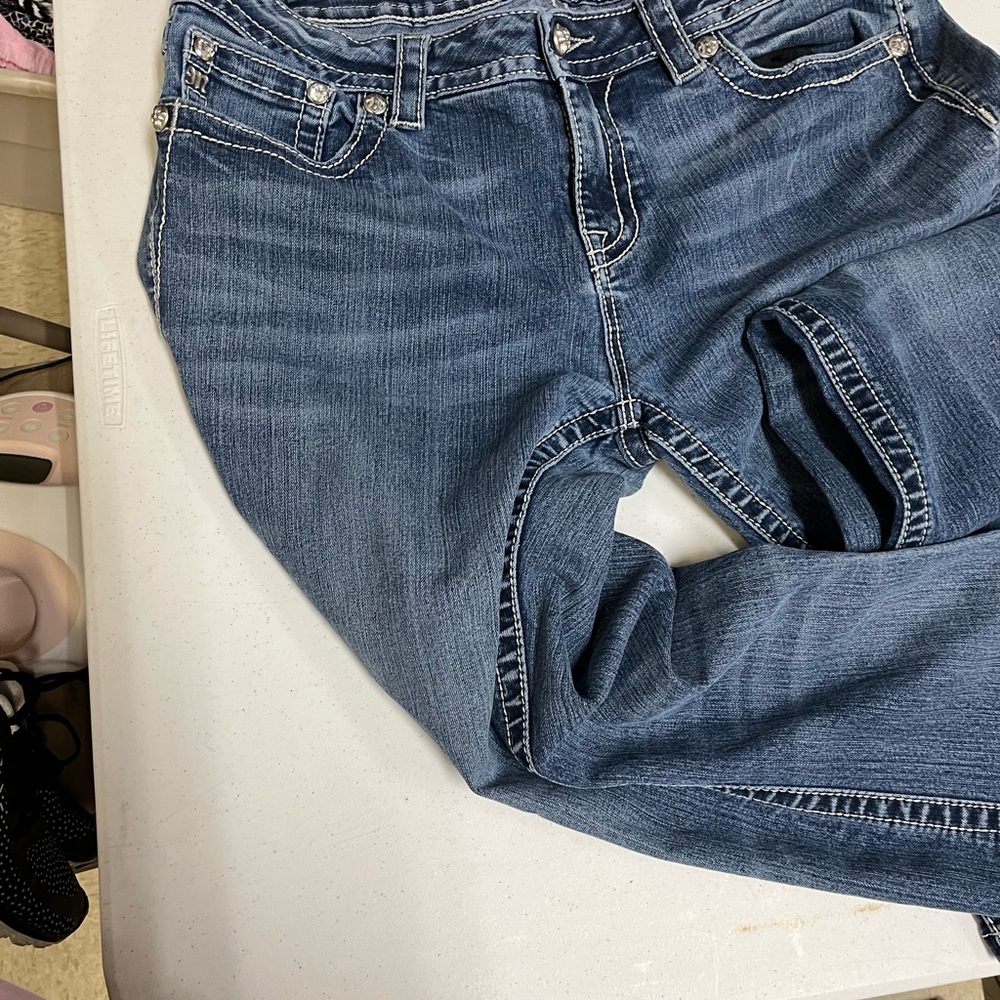 Miss Me Mid Rise Bootcut Jeans Womens Size 34 Embellished Beaded Studded Denim